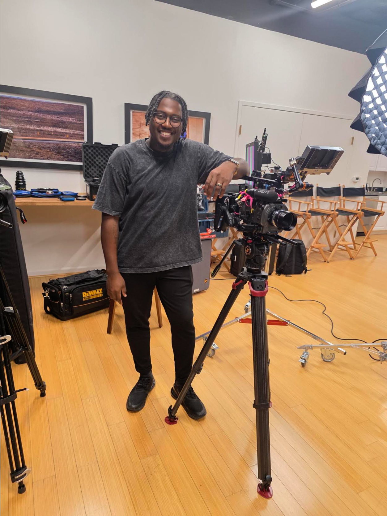 Crew member with the camera rig on The Water Beneath set