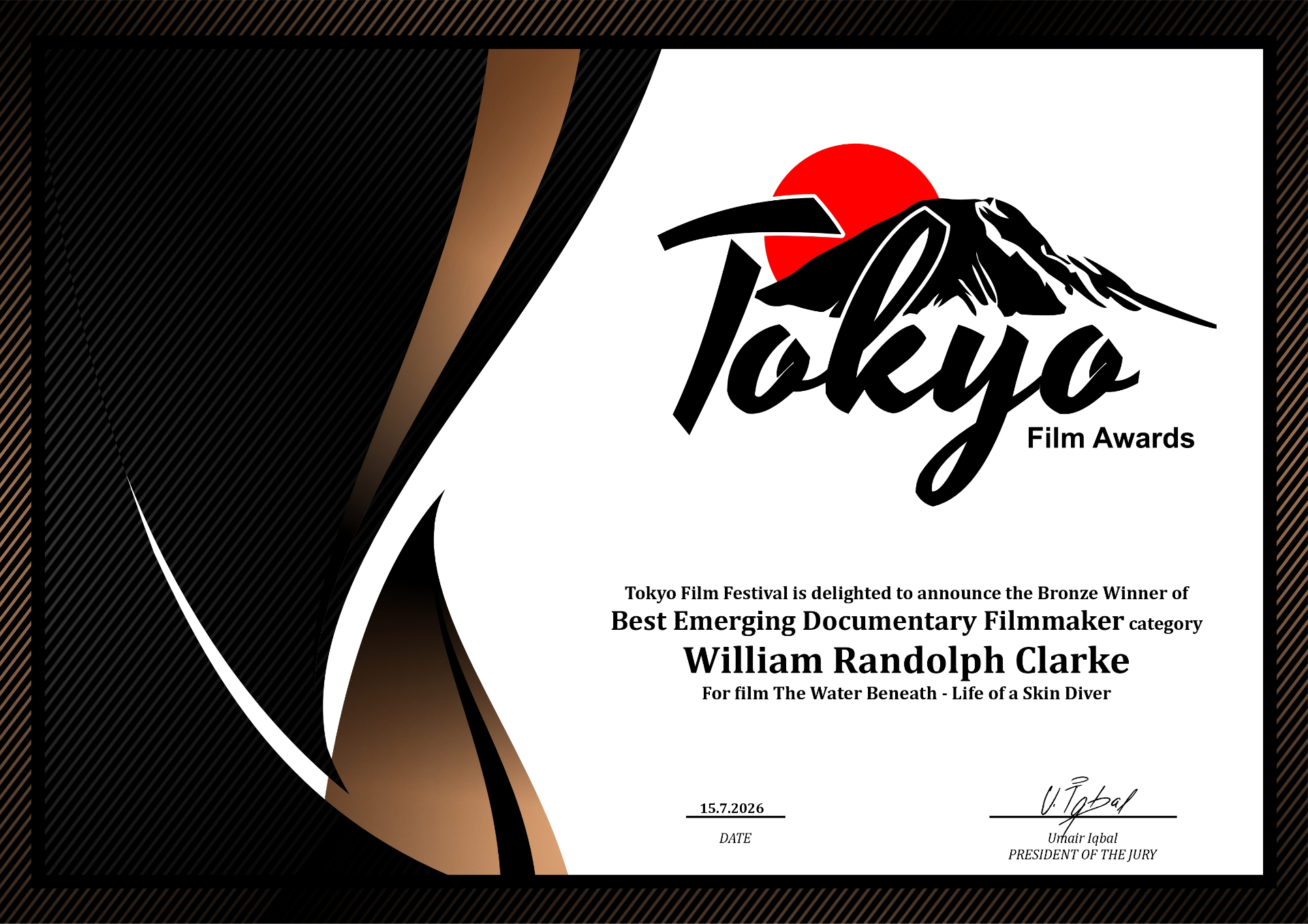 Tokyo Film Awards — Bronze Winner Best Emerging Documentary Filmmaker